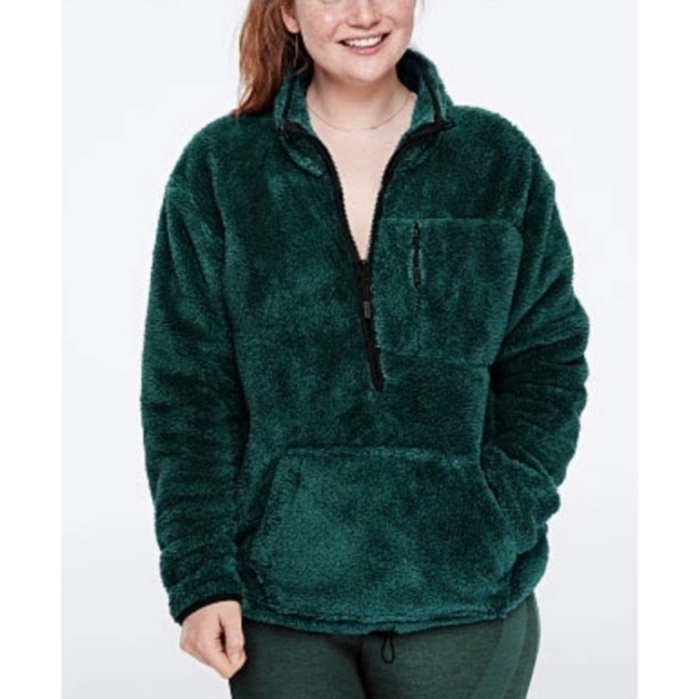 Victoria's Secret PINK Teddy Sherpa Half Zip Pullover Deep Ivy Sweater Size M